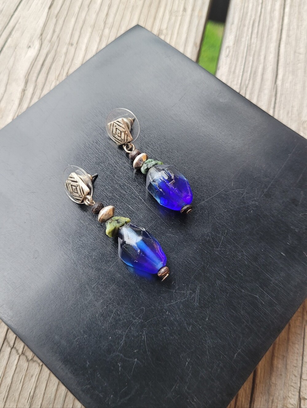 Vintage Stacked Stone, Glass and Metal Beaded Dangle Earrings